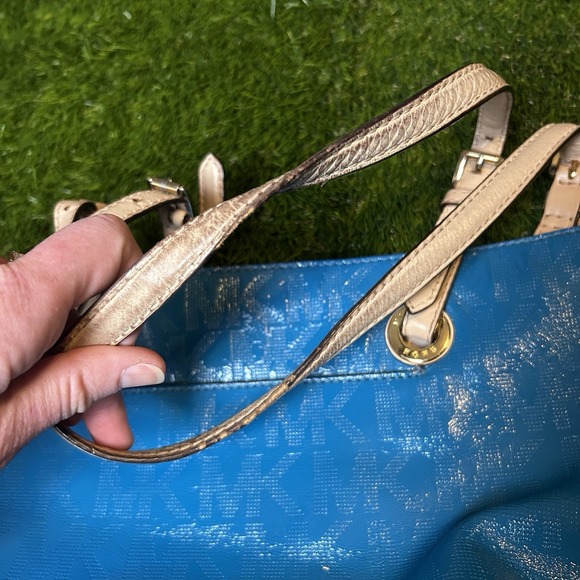 Michael Kors Blue Patent Leather Monogram Tote Bag MK Logo Gold Hardware Large - Picture 6 of 9